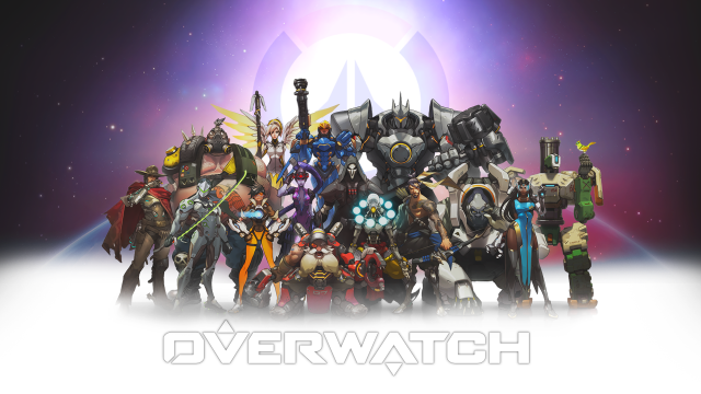 Overwatch characters purple background group free wallpaper for desktop - medium preview image