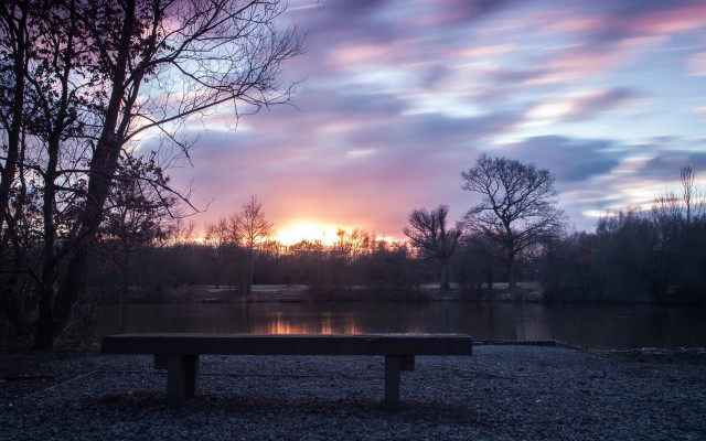Bench gravel lake sunset setting free wallpaper for desktop - medium preview image