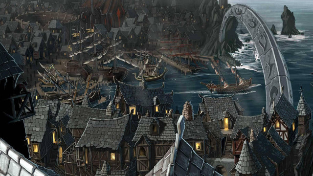 City bridge boat water painting free wallpaper for desktop - medium preview image