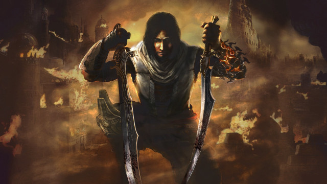 Man holding two swords dark free wallpaper for desktop - medium preview image