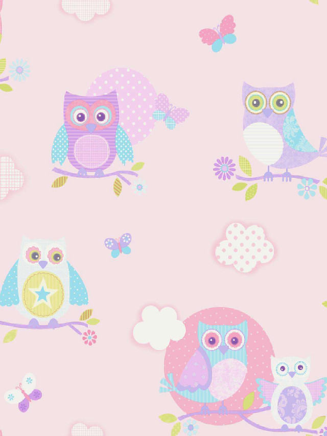 Pink background owls butterflies pattern free wallpaper for mobile - medium preview image