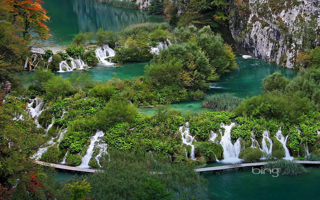 Waterfall lake bridge woods ecological free wallpaper for desktop - medium preview image