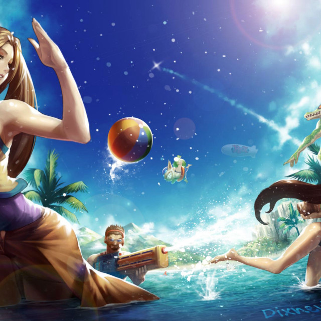 Girl playing ball water shore free wallpaper for tablet - medium preview image