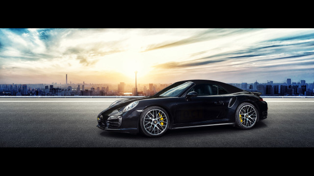 Black porsche city skyline sunset free wallpaper for desktop - medium preview image