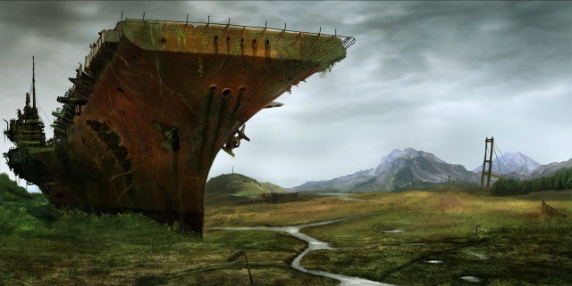 Rusty ship field stream mountains free wallpaper for desktop - medium preview image