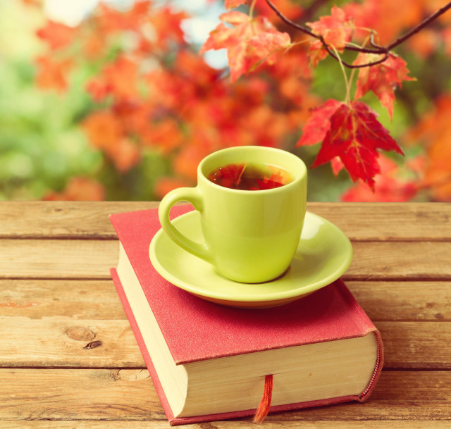 Cup tea book wooden table free wallpaper for tablet - medium preview image
