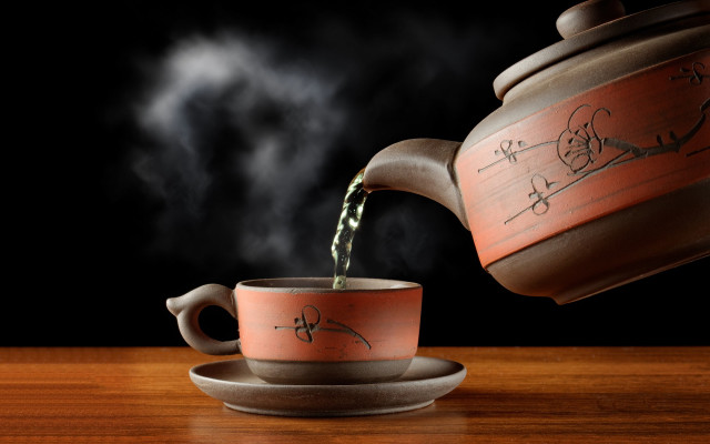 Teapot pouring water cup table free wallpaper for desktop - medium preview image