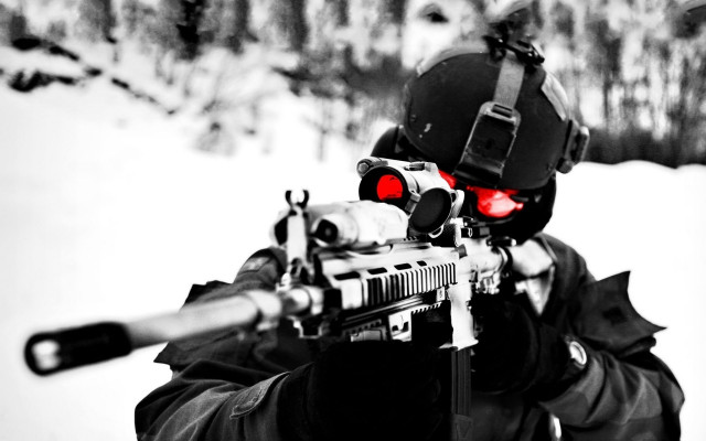 Man black jacket gun snow free wallpaper for desktop - medium preview image