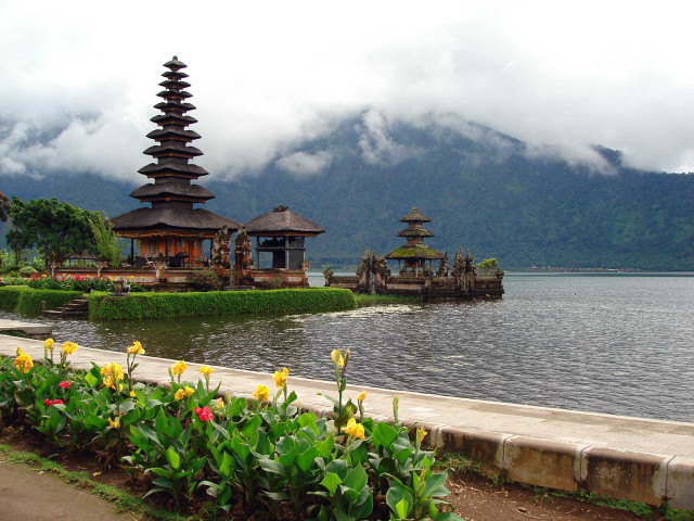 Lake temple flowers mountain clouds free wallpaper for desktop - medium preview image