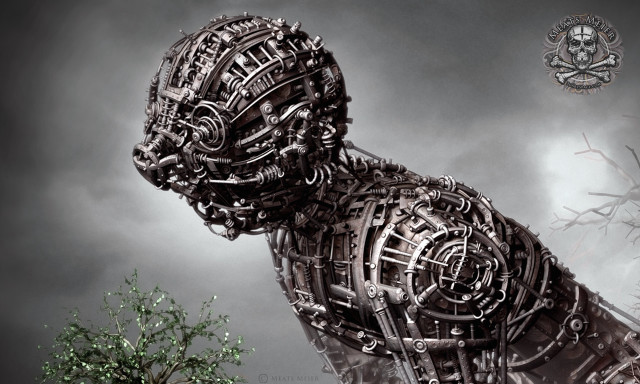 Large metal robot tree cloudy free wallpaper for desktop - medium preview image
