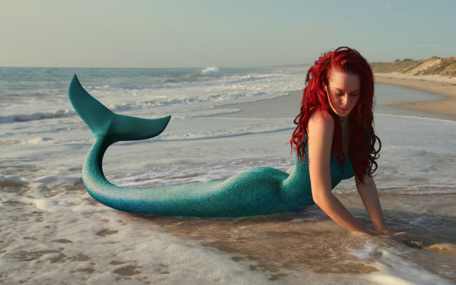 Woman red hair beach mermaid free wallpaper for desktop - medium preview image