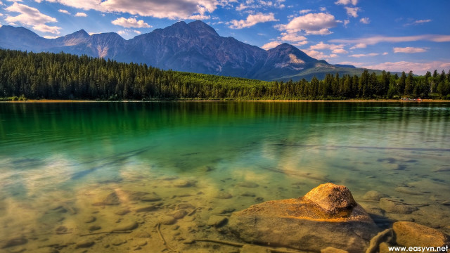 Lake mountain rock clouds sunset free wallpaper for desktop - medium preview image