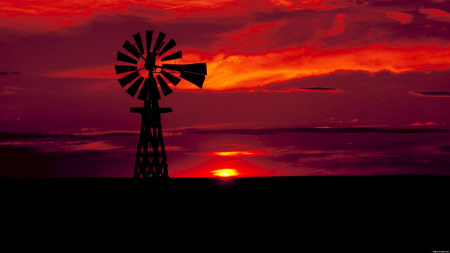 Windmill sunset clouds red sky free wallpaper for desktop - medium preview image