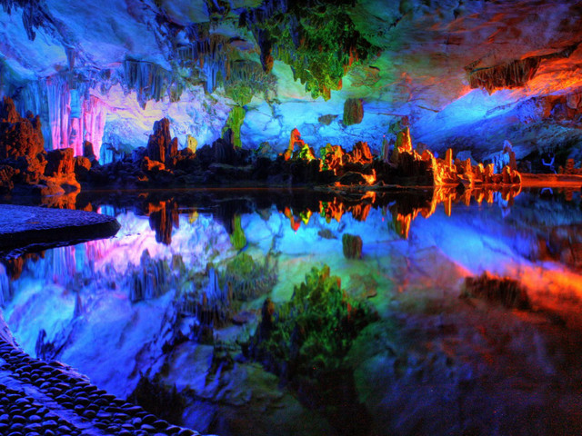 Lake forest trees rocks colorful free wallpaper for desktop - medium preview image