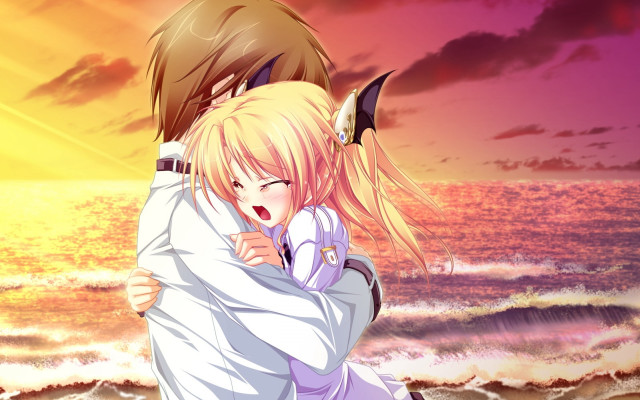 Couple hugging ocean sunset waves free wallpaper for desktop - medium preview image