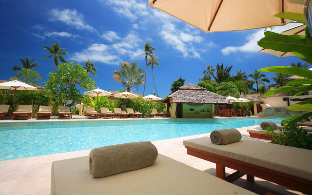Poolside lounge chairs umbrellas blue free wallpaper for desktop - medium preview image