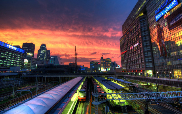 Train station city skyline sunset free wallpaper for desktop - medium preview image