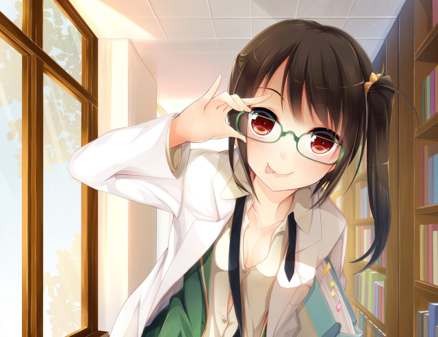 Girl glasses white shirt library free wallpaper for desktop - medium preview image