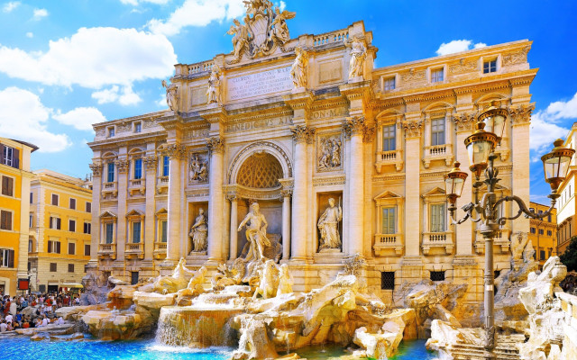 Large building fountain people walking free wallpaper for desktop - medium preview image
