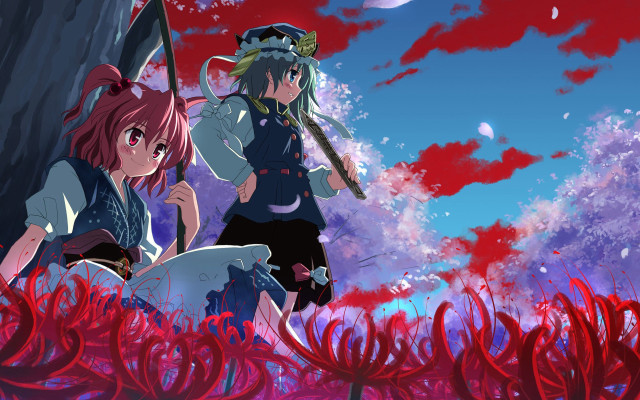 Anime characters field red flowers free wallpaper for desktop - medium preview image