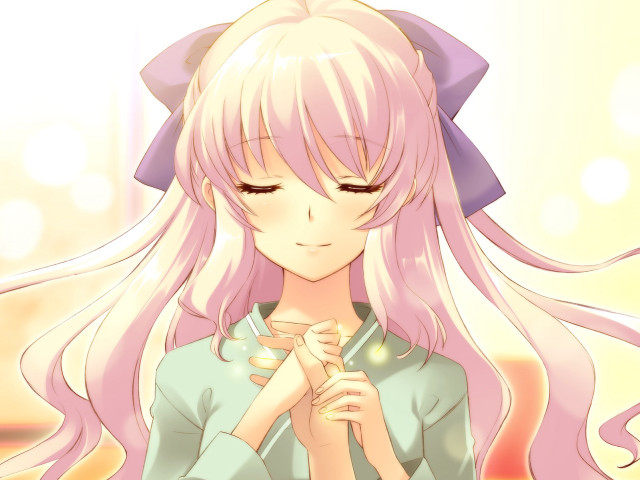 Girl pinkhair blueshirt cellphone smile free wallpaper for desktop - medium preview image