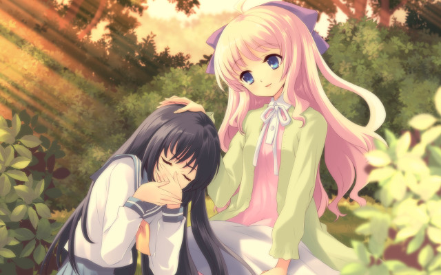 Anime girls sitting grass together free wallpaper for desktop - medium preview image