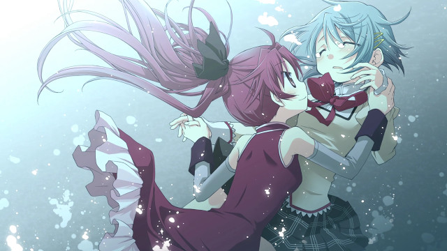 Anime characters hugging water bubbles free wallpaper for desktop - medium preview image