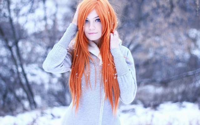Woman red hair snow hands free wallpaper for desktop - medium preview image