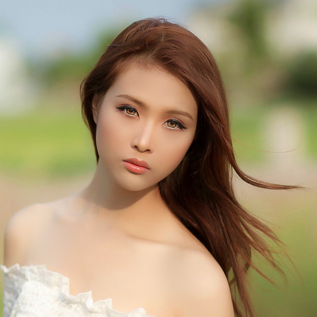 Woman longhair whiteDress greenField photorealistic free wallpaper for tablet - medium preview image
