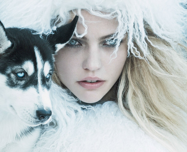 Woman husky white fur coat free wallpaper for desktop - medium preview image