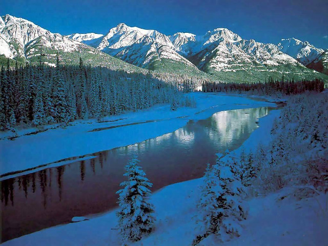 River snow covered mountains evergreen free wallpaper for desktop - medium preview image