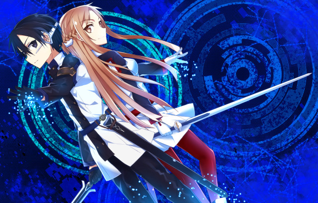 Anime characters swords blue background free wallpaper for desktop - medium preview image