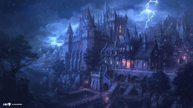 Castle lightning sky tree foreground free wallpaper for desktop - medium preview image