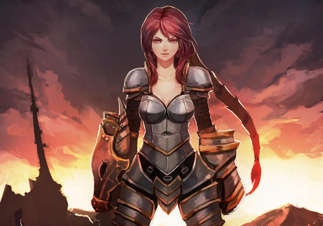 Woman armor sunset sword standing free wallpaper for desktop - medium preview image