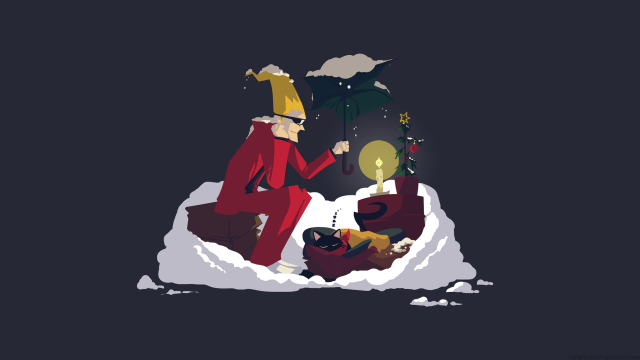 Man red suit pile presents free wallpaper for desktop - medium preview image