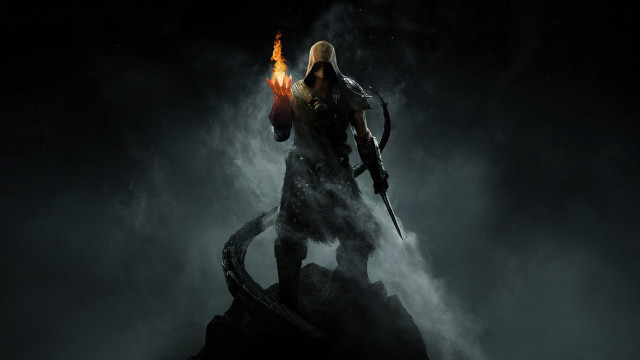 Man holding fire mountain dark free wallpaper for desktop - medium preview image