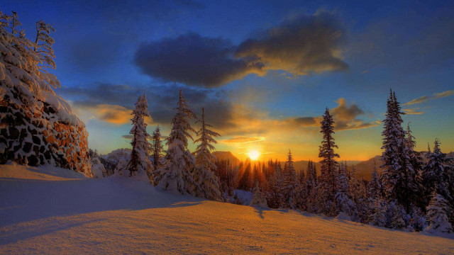 Sunset mountains snow trees dusk free wallpaper for desktop - medium preview image