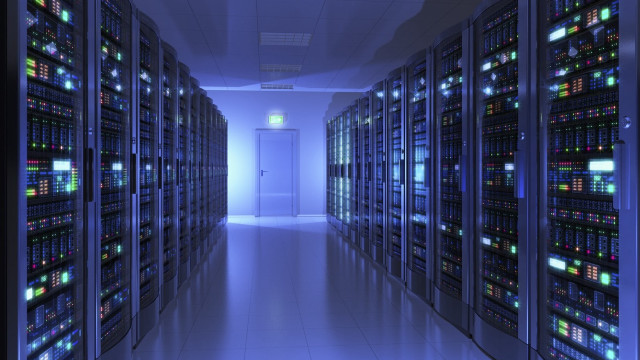 Data center blue lit hallway free wallpaper for desktop - medium preview image