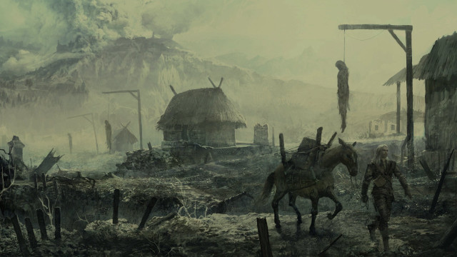 Man horse village foreground painting free wallpaper for desktop - medium preview image