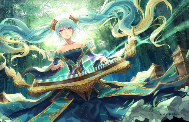 Blue hair forest harp fantasy free wallpaper for desktop - medium preview image