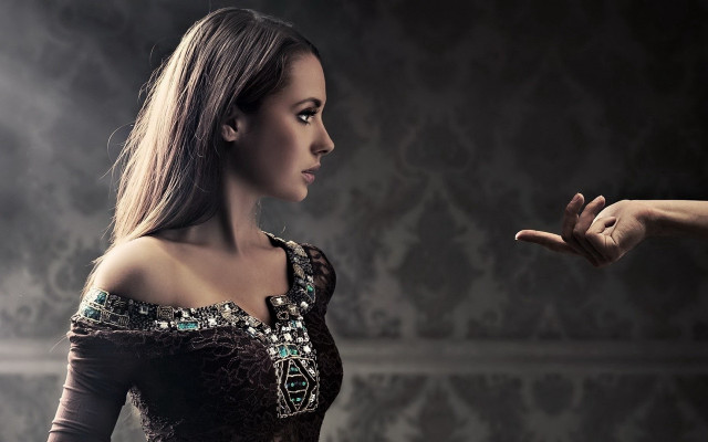 Woman dress pointing dark room free wallpaper for desktop - medium preview image