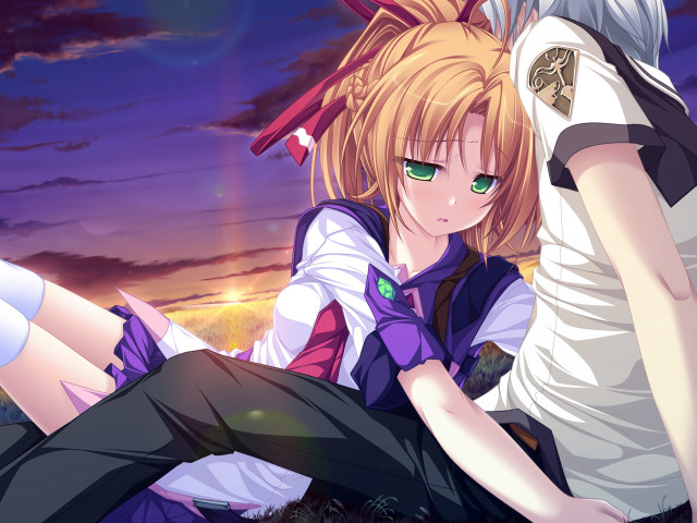 Anime couple sitting grass night free wallpaper for desktop - medium preview image