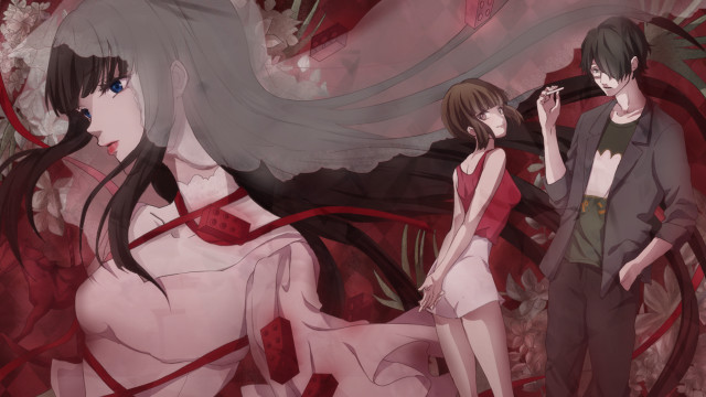 Anime couple red background flowers free wallpaper for desktop - medium preview image