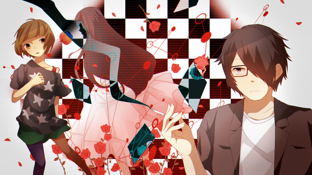 Anime characters checkered background hearts free wallpaper for desktop - medium preview image