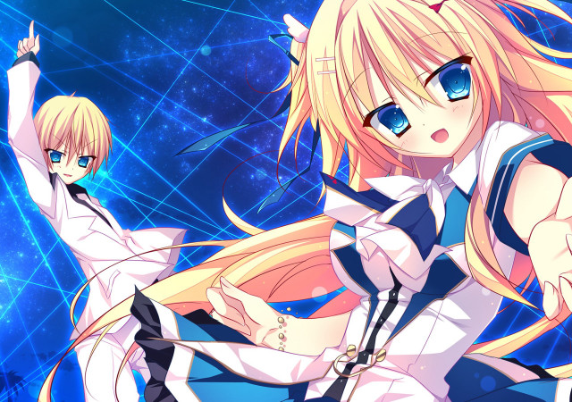 Anime blonde girl sword blue free wallpaper for desktop - medium preview image