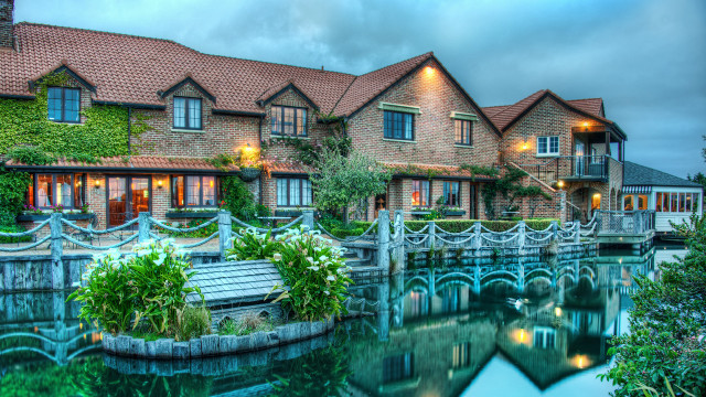 House bridge water bench front free wallpaper for desktop - medium preview image