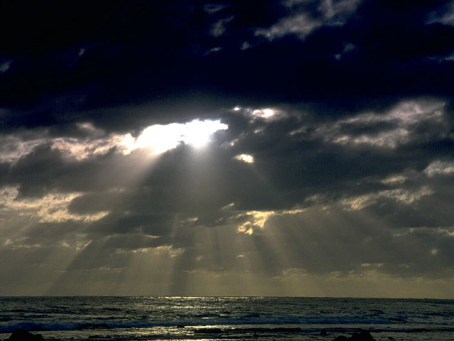 Sunbeam clouds ocean beach surfboard free wallpaper for desktop - medium preview image