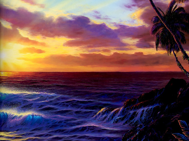 Sunset ocean palm tree wave free wallpaper for desktop - medium preview image