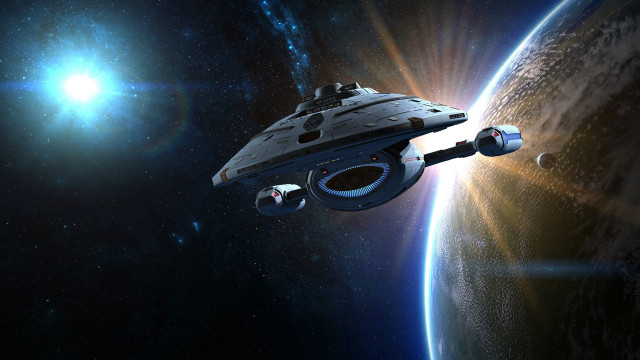 Spaceship flying over planet bright free wallpaper for desktop - medium preview image