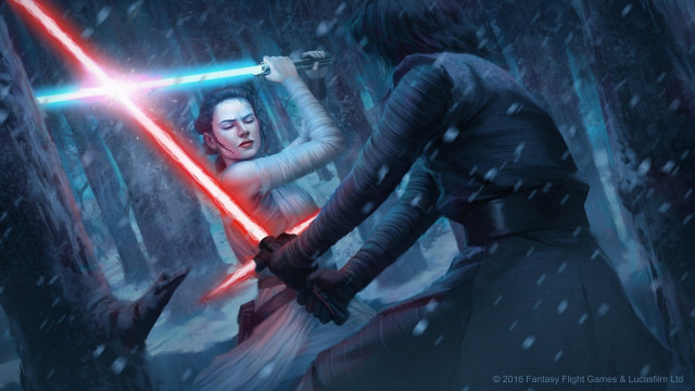 Woman lightsaber man dark forest free wallpaper for desktop - medium preview image